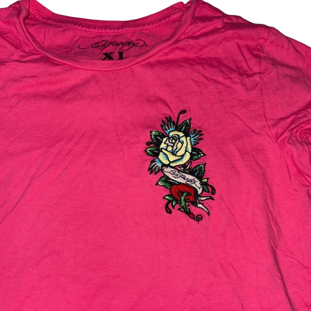 Ed Hardy Women's Pink Embroidered Rose Tee